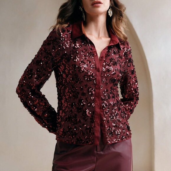Wine Burgundy Casual Women's Mesh Sexy Sequin Blouse - Picture 7 of 7